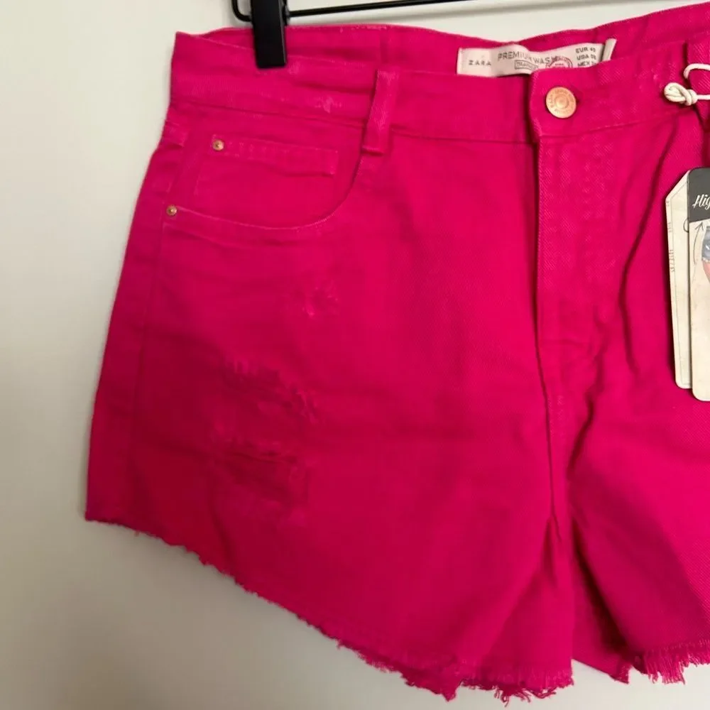 Zara High Waist Distressed Shorts Hot Pink